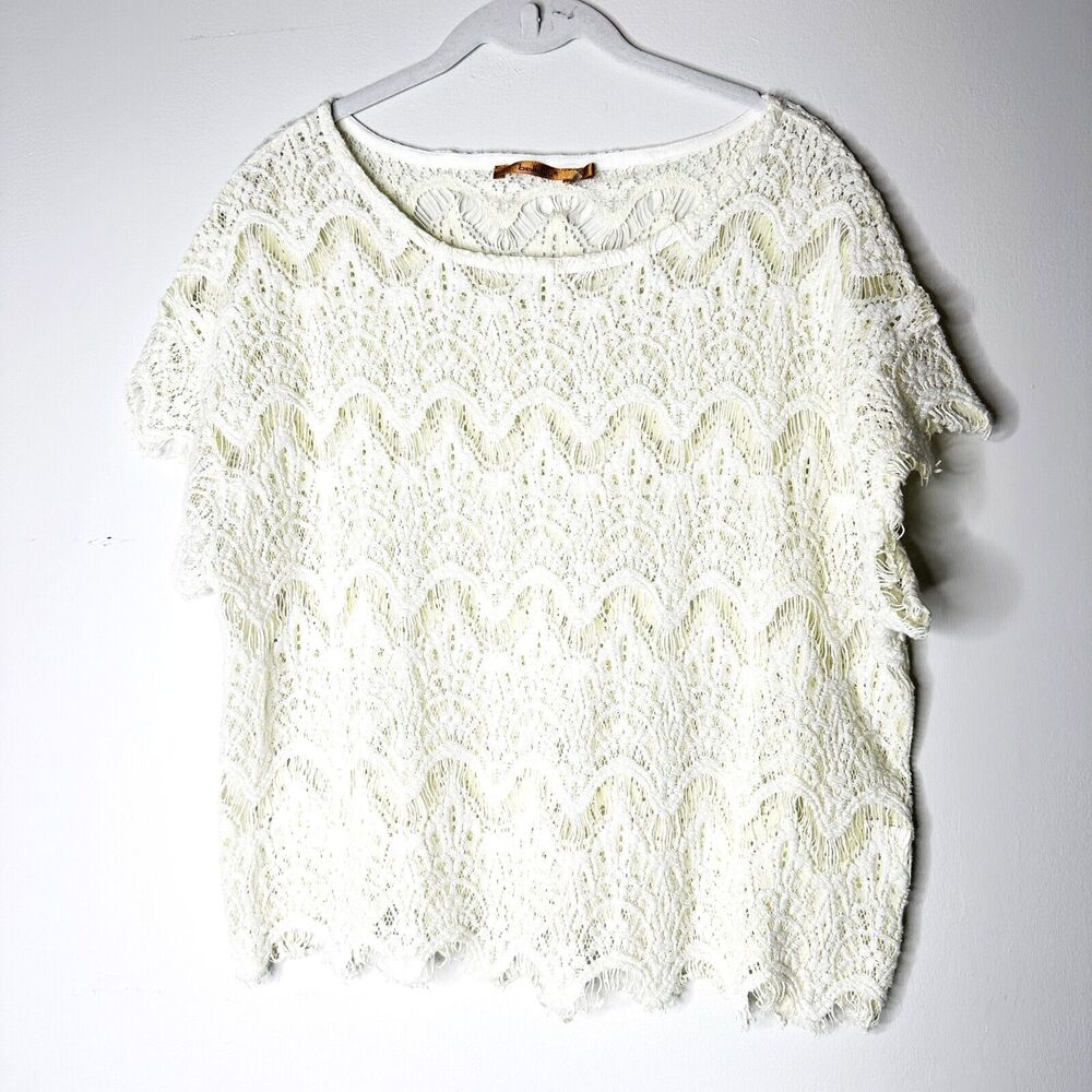 Belldini Top Women L White Cream Crochet Sheer Cap Slv Regency Boho Twee NWOT